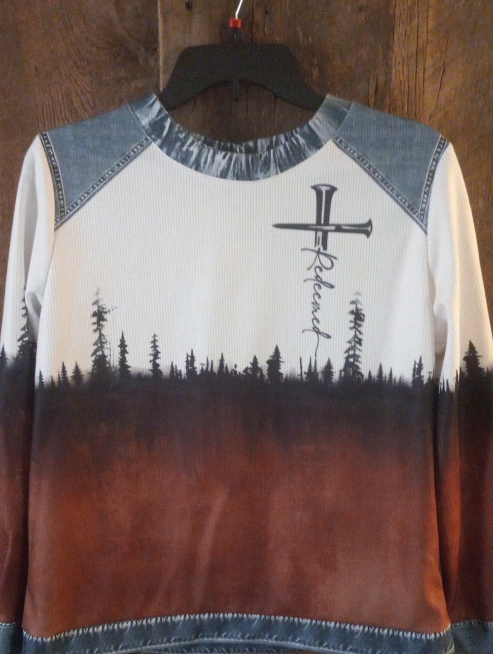 White to Rust Ombre Crewneck with Forest Silhouette